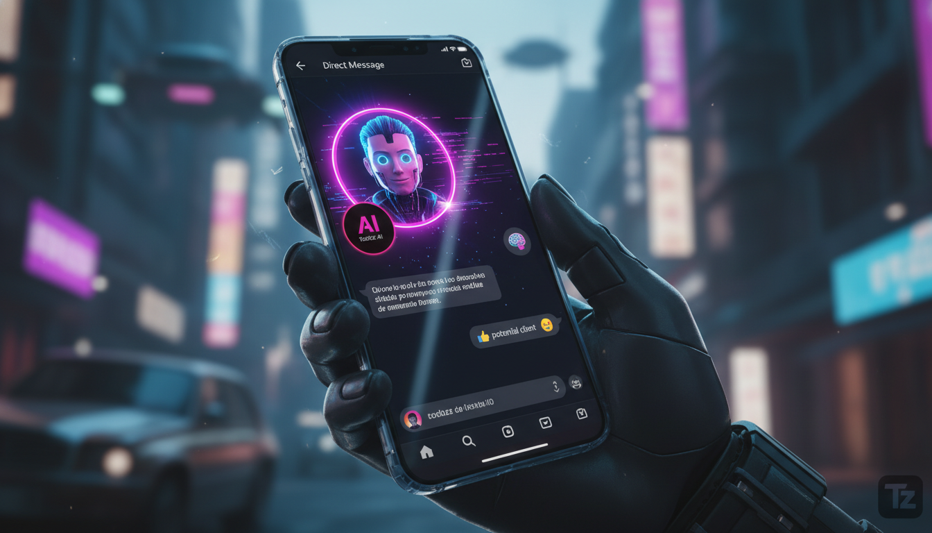 Demo Toolzz: O Futuro da Automação Instagram em 2026 — Um close-up estilizado de um smartphone mostrando uma conversa de DM no Instagram. Um agente de IA da Toolzz, representado por um avatar amigável