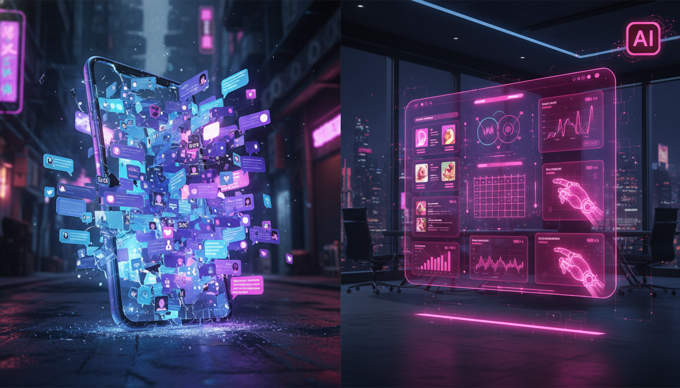 Demo Toolzz: o que esperar do Instagram com IA em 2026 — A split-screen illustration. On one side, a chaotic and overflowing inbox representing traditional Instagram marketing. On the other side, a cl