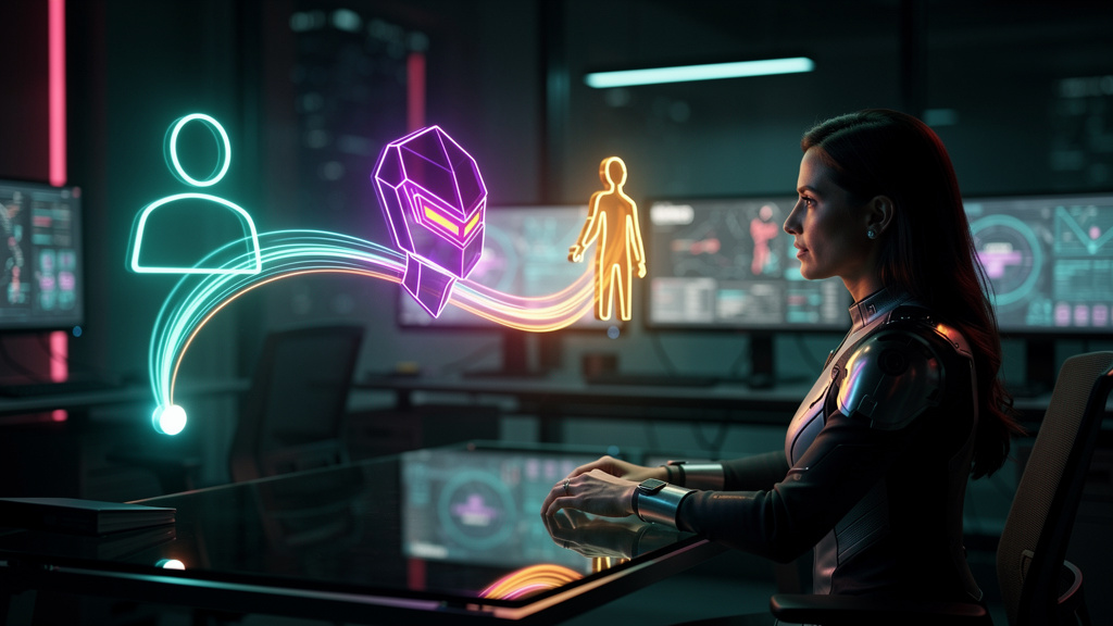 Demo Toolzz: o que esperar do Protocolo Agent-to-Human (A2H) em 2026 — Um diagrama de fluxo estilizado mostrando uma solicitação de cliente passando por diferentes estágios. Inicialmente, um chatbot d