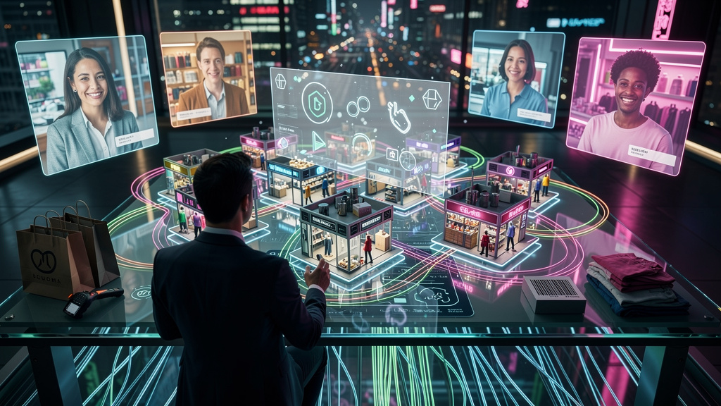 Depoimentos: o que clientes dizem da Toolzz no setor de varejo — Ilustração digital isométrica mostrando uma rede de lojas de varejo conectadas por linhas luminosas, representando o fluxo de conhecime