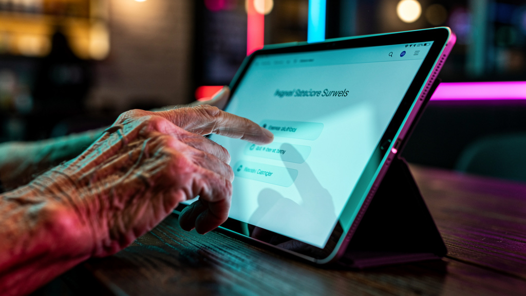 Descobrindo Necessidades Não Atendidas: A Chave para Inovação — Um close-up das mãos de um cliente idoso usando um tablet para preencher uma pesquisa de satisfação. O tablet exibe o logo da Toolzz no 