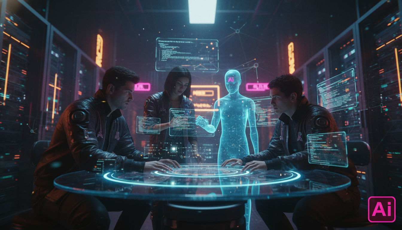 Desenvolvimento de Software: A Nova Era da Colaboração Humano-IA — Create a high-end editorial illustration in a modern flat + gradient vector style.  STYLE: Clean, geometric, semi-abstract human figu