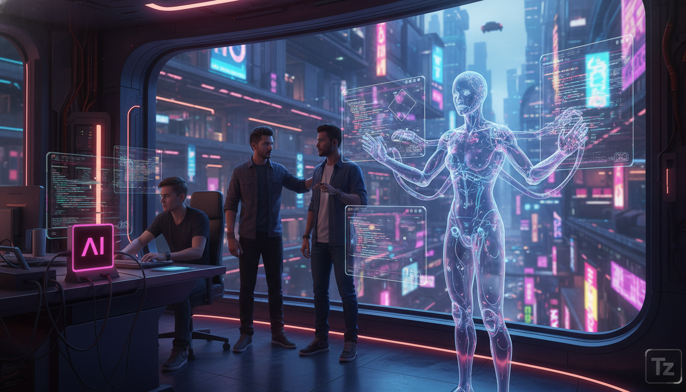 Desenvolvimento de Software: A Nova Era da Colaboração Humano-IA — Create a high-end editorial illustration in a modern flat + gradient vector style.  STYLE: Clean, geometric, semi-abstract human figu