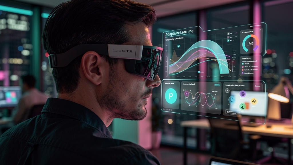 Design Educacional: Previsões de Especialistas para 2026 — Um designer usando óculos de realidade aumentada em um ambiente de escritório moderno, visualizando um painel de controle personalizado de ap