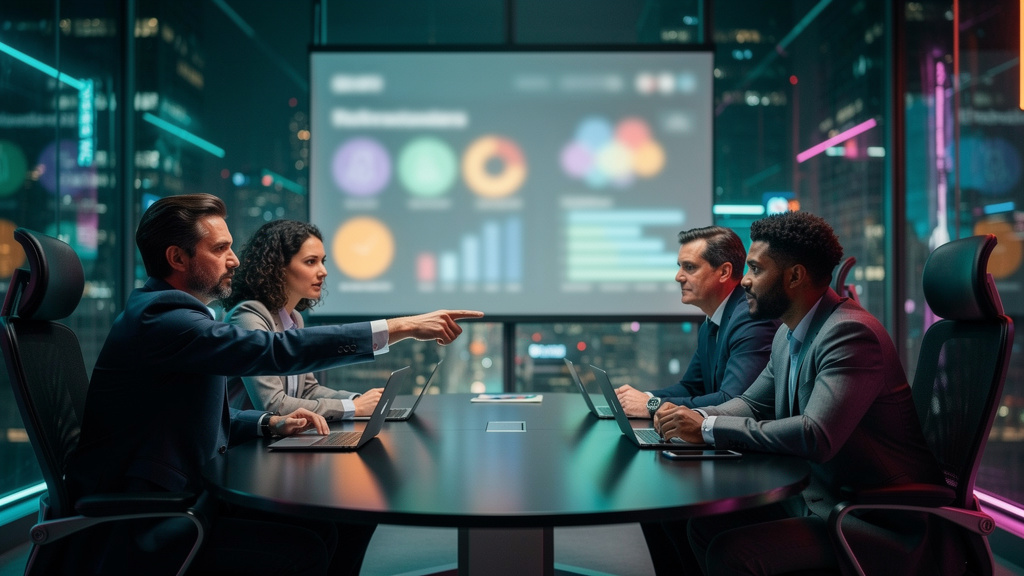 Desvendando Necessidades Não Atendidas: A Chave para a Inovação com IA — Uma mesa redonda em uma sala de reuniões moderna, com participantes diversos discutindo intensamente. Um dos participantes apon