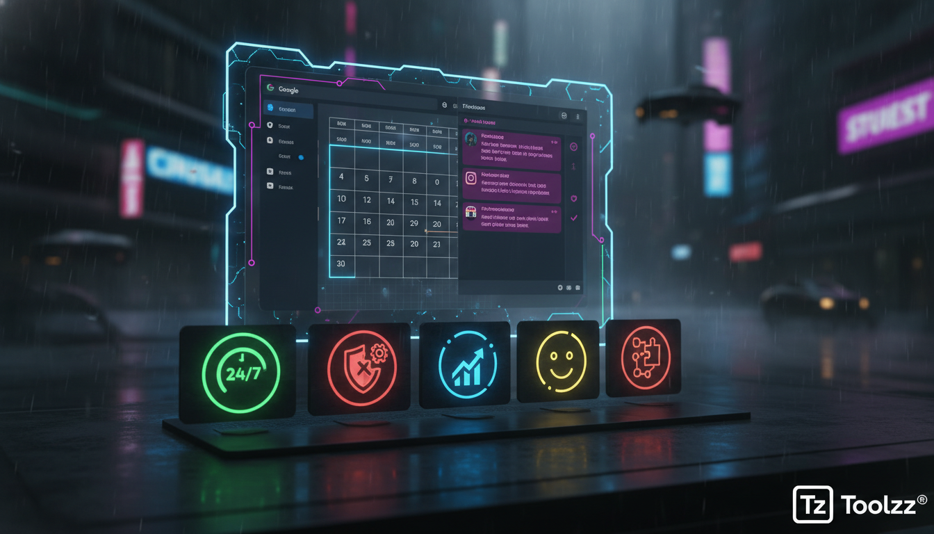 Dicas de produtividade usando Chatbot Instagram — Um infográfico dividido em duas partes para carrossel no Instagram. Parte superior: Representação visual de um calendário do Google Calendar integrado