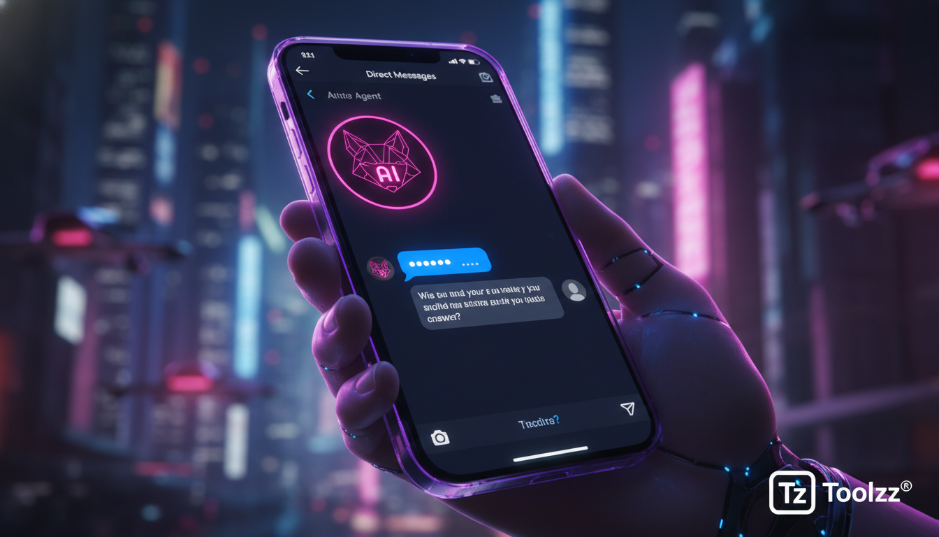 Dicas de produtividade usando IA no Instagram em 2026 — Close-up em um smartphone mostrando uma conversa em Direct Messages do Instagram. Um agente de IA da Toolzz, representado por um avatar amigável