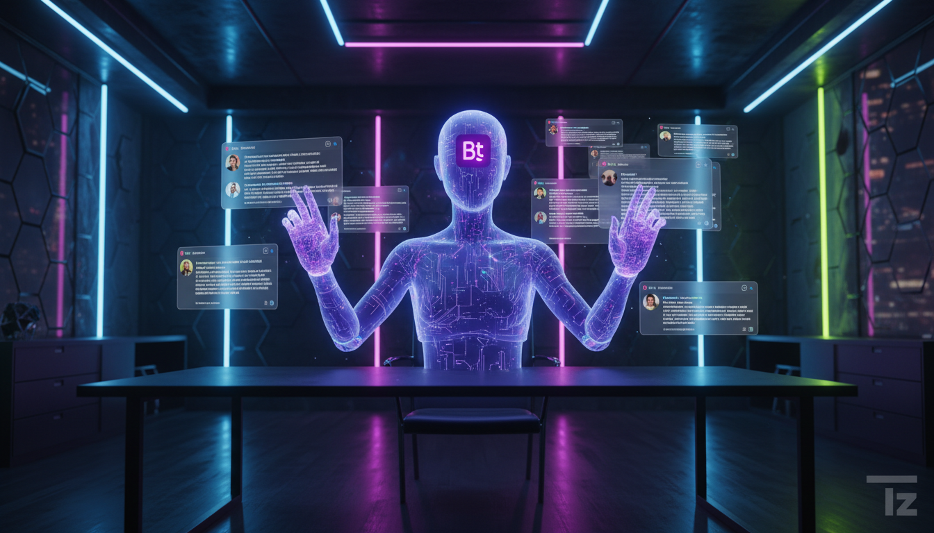 Dicas de produtividade usando Instagram: 7 estratégias para 2026 — Um chatbot estilizado em forma de assistente virtual, com o logo da Toolzz sutilmente integrado ao design, responde instantaneamente 