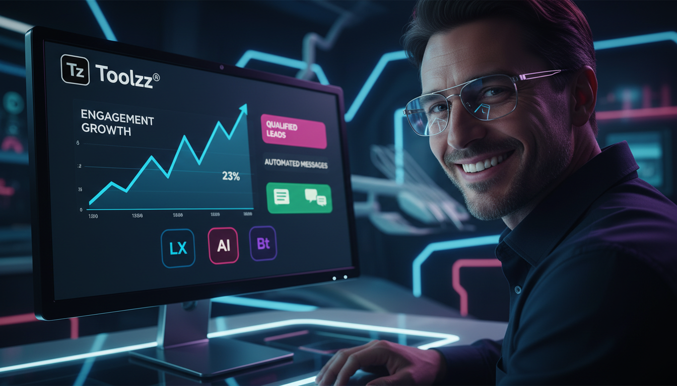 Dicas rápidas para melhorar automação Instagram em 2026 — Uma tela de computador mostrando um painel de controle da Toolzz AI. O painel exibe um gráfico de crescimento de engajamento no Instagram, jun