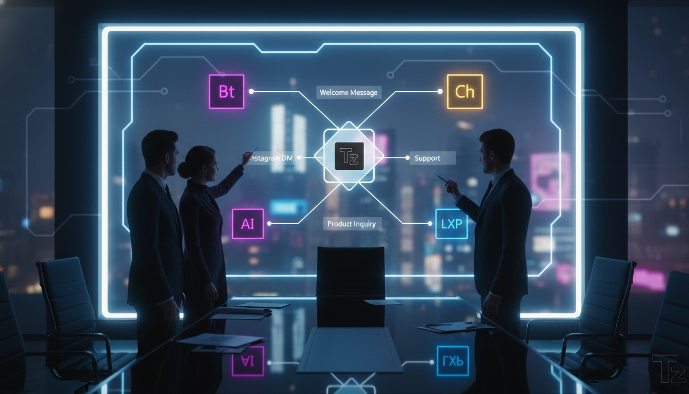 Dicas rápidas para melhorar chatbot Instagram em 2026 em 7 passos — Uma sala de reuniões moderna e minimalista com uma tela grande exibindo um diagrama de fluxo de chatbot. Três executivos estão olhan