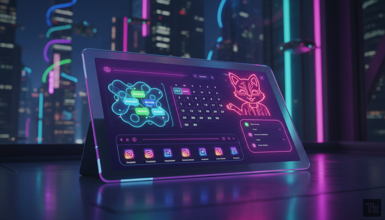 Dicas rápidas para melhorar IA no Instagram em 2026 — Um elegante painel de controle de agendamento de IA exibido em um tablet, mostrando uma representação visual de horários disponíveis e compromisso