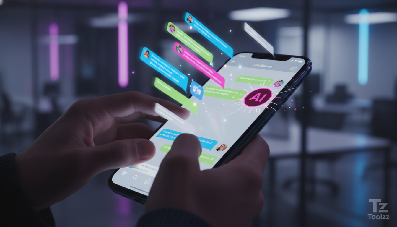 Dicas rápidas para melhorar Instagram Commerce em apenas 2026 — Close-up das mãos de uma pessoa digitando rapidamente em um smartphone, com a tela mostrando uma conversa animada no Instagram Direct. E