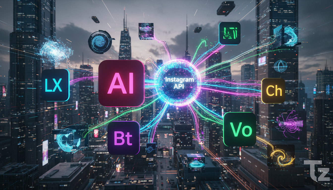 Dicionário de Automação Instagram: 7 termos que todo profissional deve conhecer — Um diagrama visual mostrando a API do Instagram como um centro de conexões, com vários aplicativos e ferramentas de au