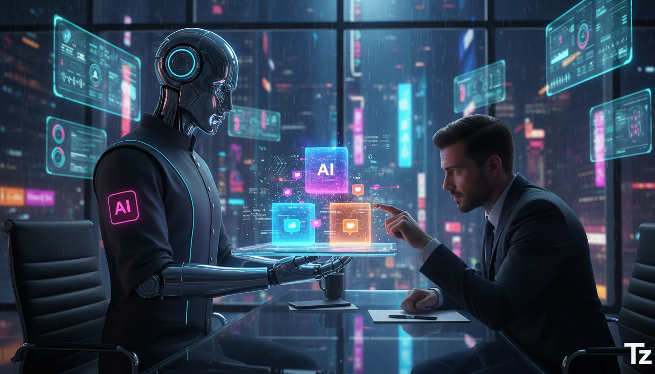 Dicionário de IA para Redes Sociais: 7 termos que todo profissional deve conhece — Um agente de IA estilizado como um mordomo robótico, servindo insights de redes sociais em uma bandeja para um profis