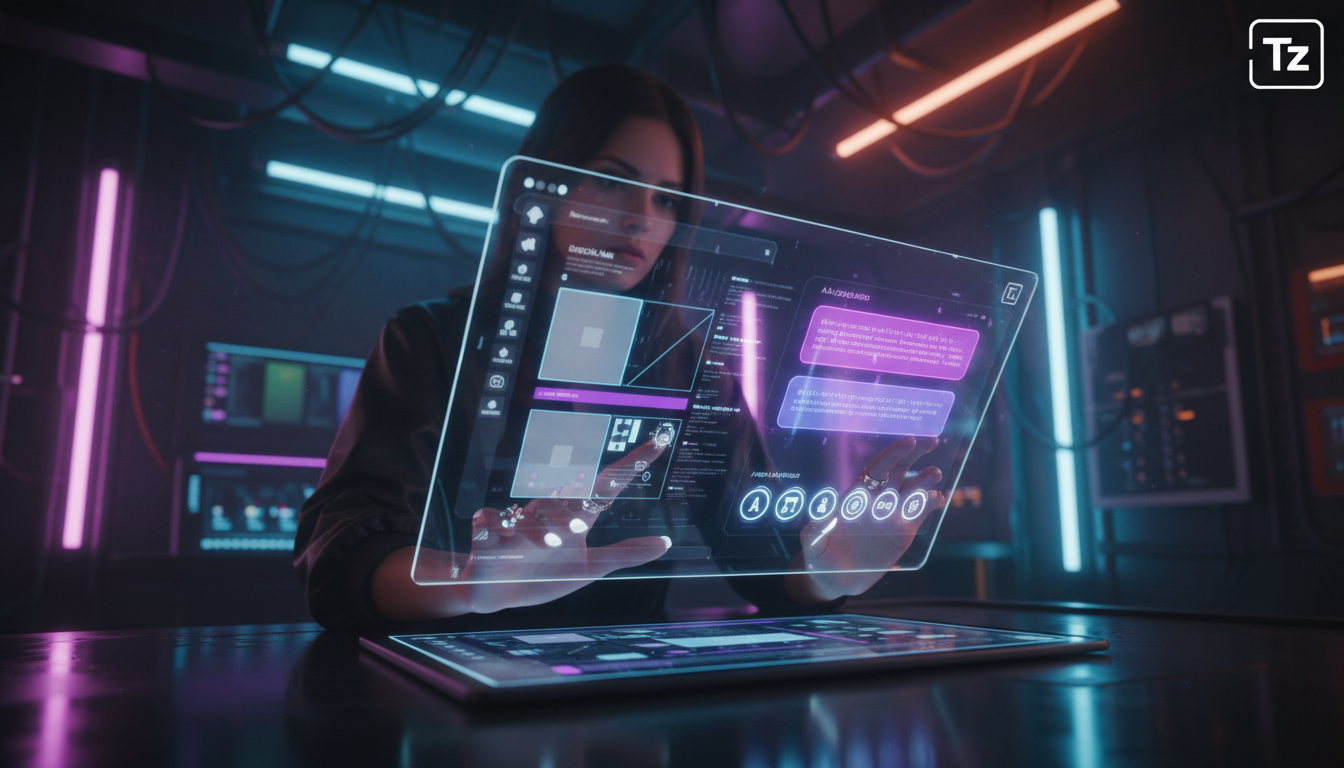 Dicionário de IA para Redes Sociais: 7 termos que todo profissional deve conhece — Um designer gráfico criando conteúdo para redes sociais em um tablet. O software de design mostra sugestões de texto 
