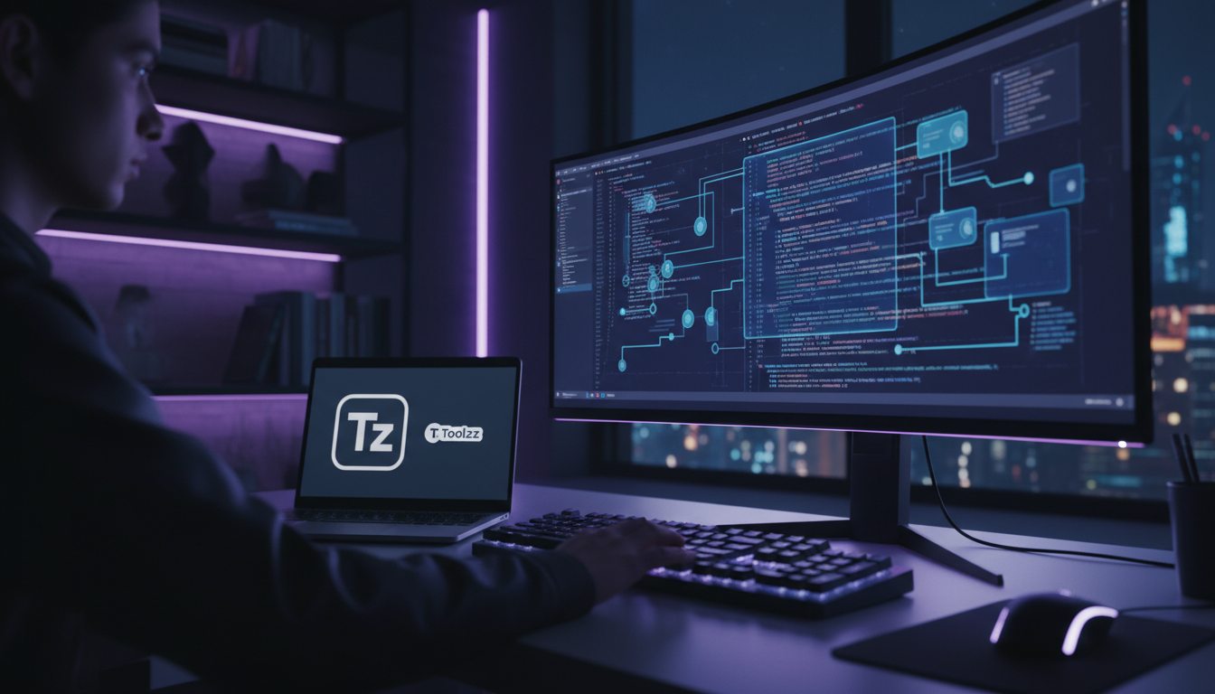 Dicionário de Instagram API: termos que todo profissional deve conhecer — Um desenvolvedor trabalhando em um código complexo em um monitor ultrawide, com diagramas da API do Instagram sobrepostos ao c