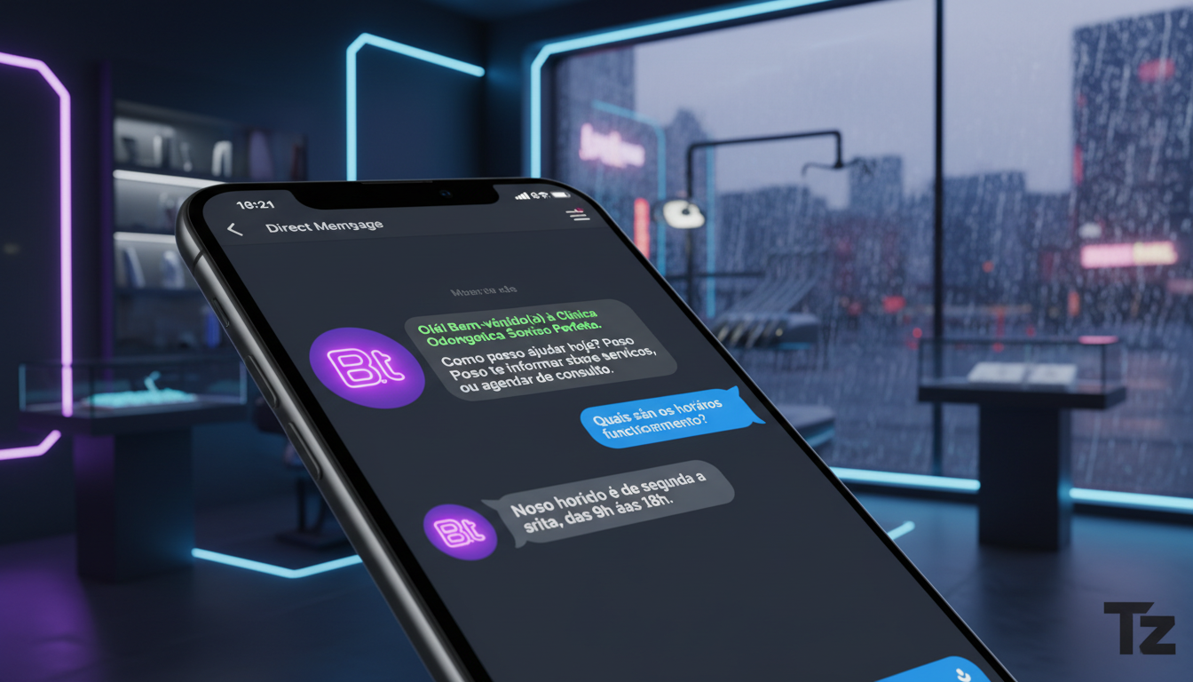 Dicionário de Instagram Commerce IA: termos que todo dentista deve conhecer — Close-up de um smartphone mostrando uma conversa de chat no Instagram. Um chatbot com a logo da Toolzz responde a pergunta