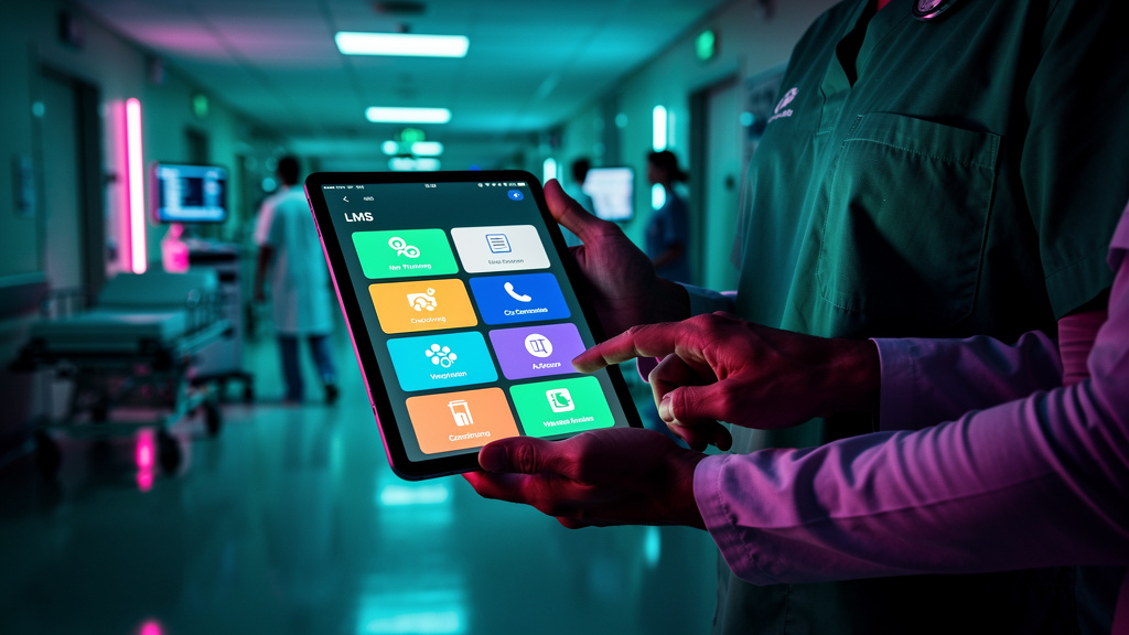 Dicionário de LMS: 7 termos que todo médico e gestor deve conhecer — Um profissional de saúde utilizando um tablet em um ambiente hospitalar movimentado. A tela do tablet exibe a interface de um LMS, 