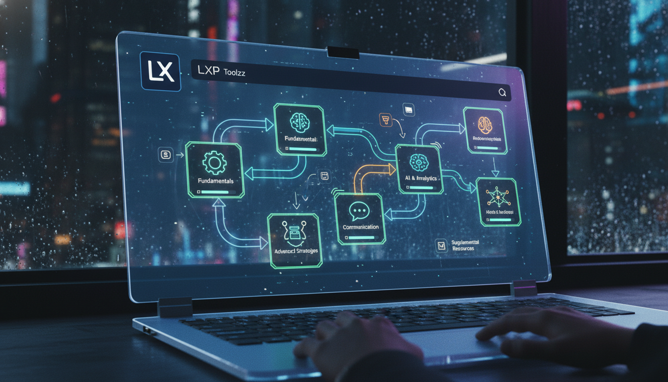 Dicionário do Portal do Aluno: 7 termos que todo profissional deve conhecer — Close-up de uma tela de laptop mostrando uma trilha de aprendizado personalizada dentro da Toolzz LXP. A tela exibe difere