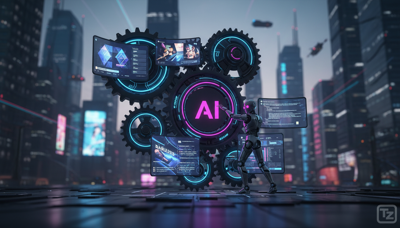 Dicionário Meta Business Suite IA: 7 termos que todo profissional deve conhecer — Ilustração digital mostrando engrenagens interligadas representando automação. Dentro de cada engrenagem, telas de dis