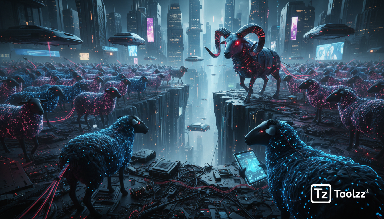 Diversificação de Portfólio: Desvendando Riscos Ocultos — A flock of sheep, each representing a different investment, blindly following a single, charismatic ram towards a cliff edge. In the foregroun