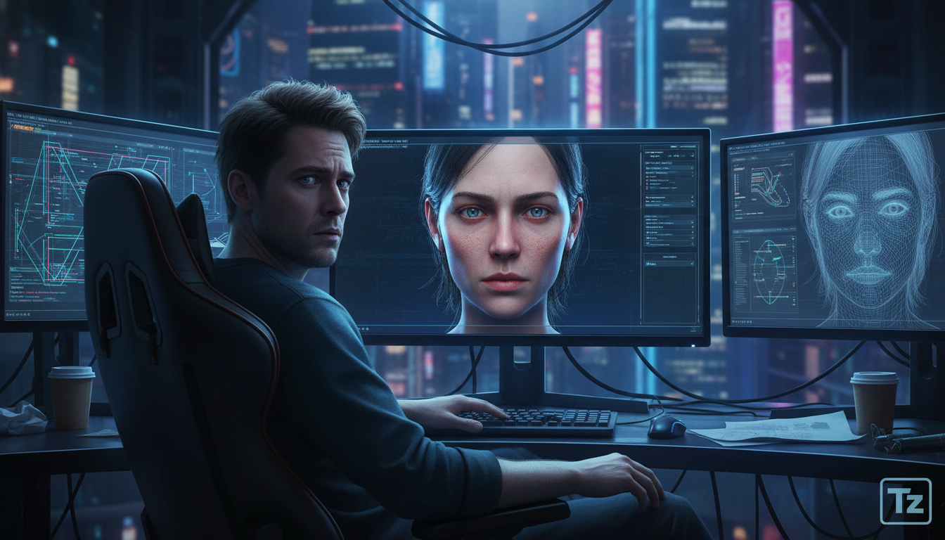 DLSS 5 da Nvidia: A Busca pela Realidade e Seus Desafios — Um desenvolvedor de jogos, sentado em frente a múltiplos monitores, observa um personagem 3D com detalhes faciais extremamente realistas em u