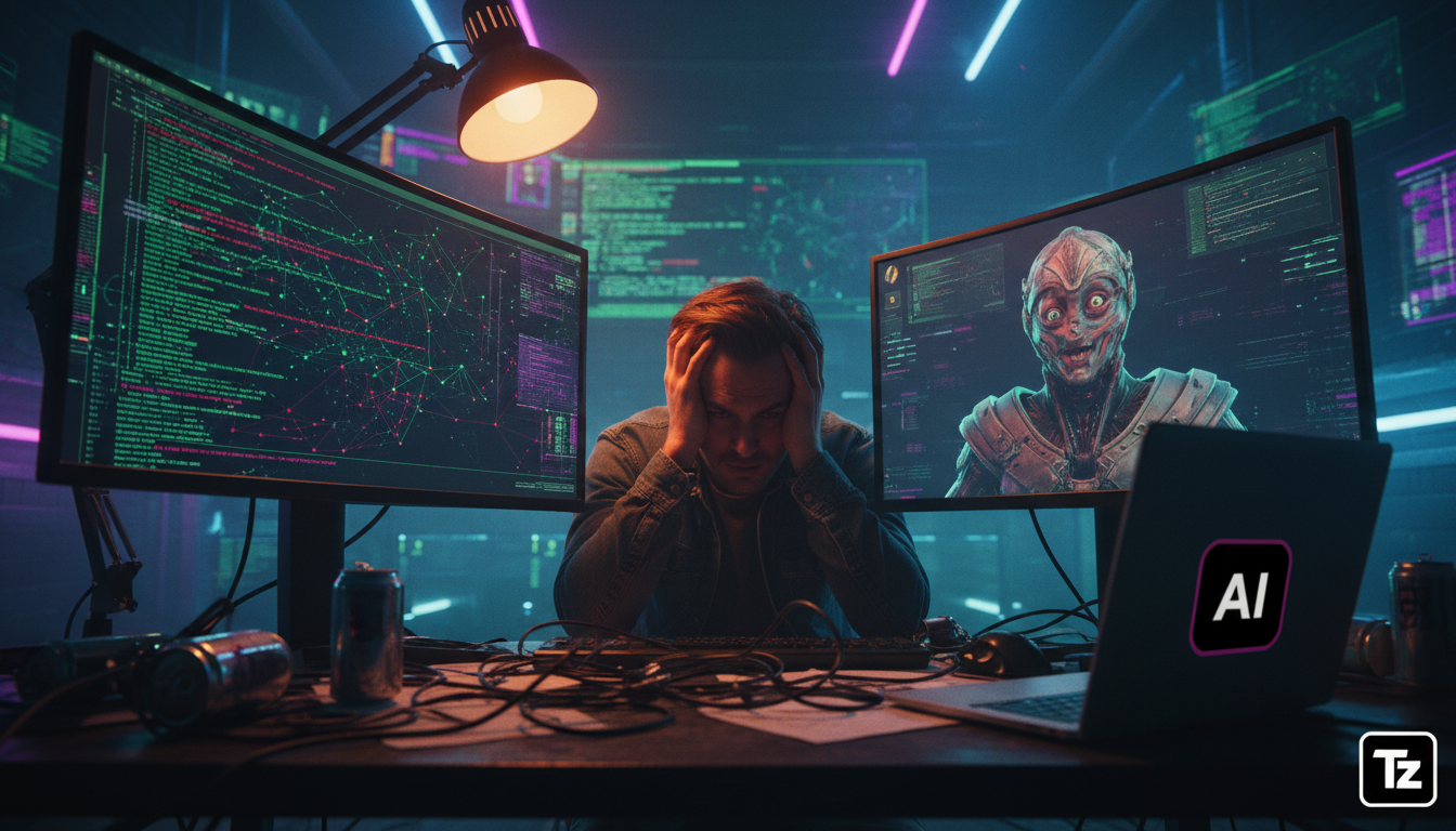 DLSS 5 da Nvidia: O Futuro da IA nos Games e Além — Um desenvolvedor de jogos frustrado, sentado em frente a um monitor com código complexo e linhas de erro. Ele segura a cabeça com as mãos, enquanto 