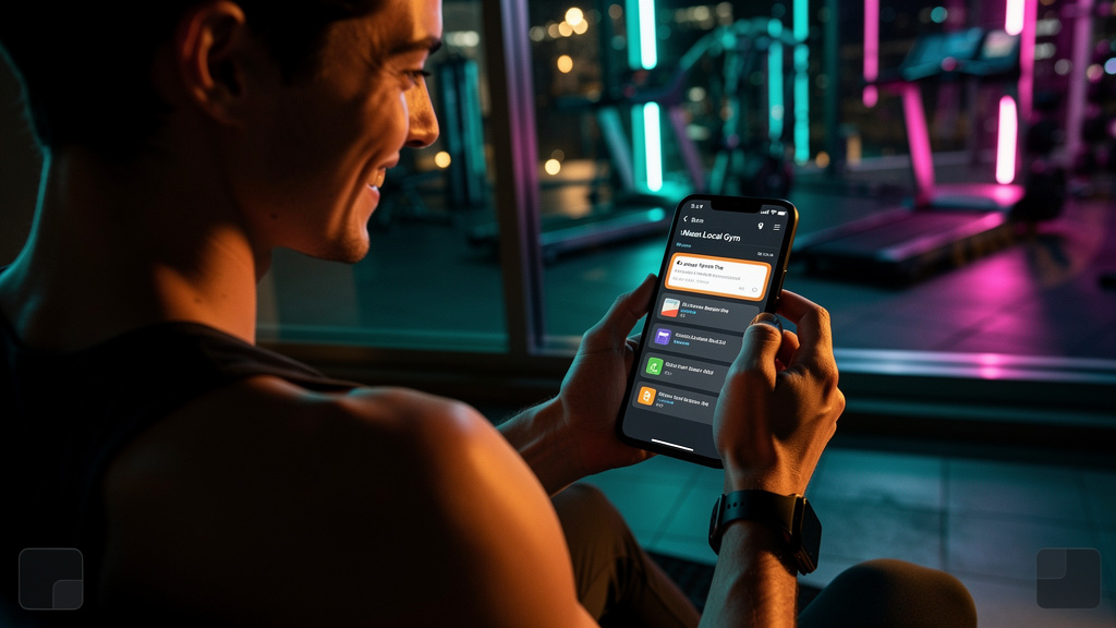 Domine o Google com IA: Estratégia Zero-Click para Blogs — Um usuário sorrindo enquanto usa um smartphone para pesquisar 'melhor academia perto de mim'. O Google exibe um 'featured snippet' com a acad