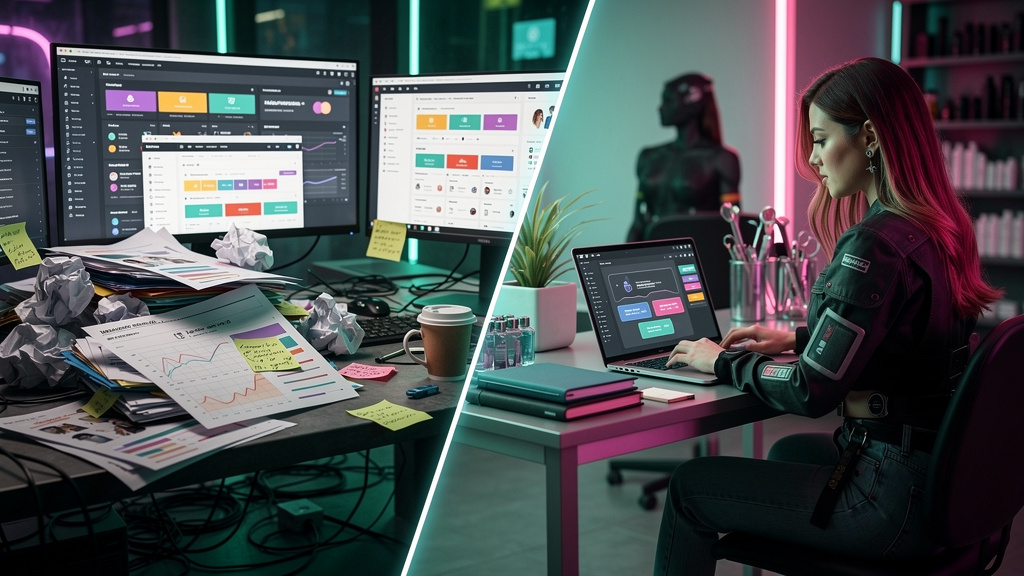 Domine o Google e a IA: Guia para Salões de Beleza — A split-screen image: On one side, a chaotic and cluttered desk with scattered notes and open competitor websites like Semrush and Ubersuggest. On