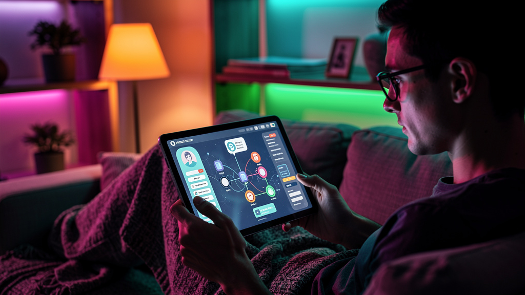 EAD Otimiza IA: Maximize o Potencial da Inteligência Artificial — Um aluno utilizando um tablet em um ambiente aconchegante e personalizado. A tela do tablet exibe uma trilha de aprendizado adaptada a