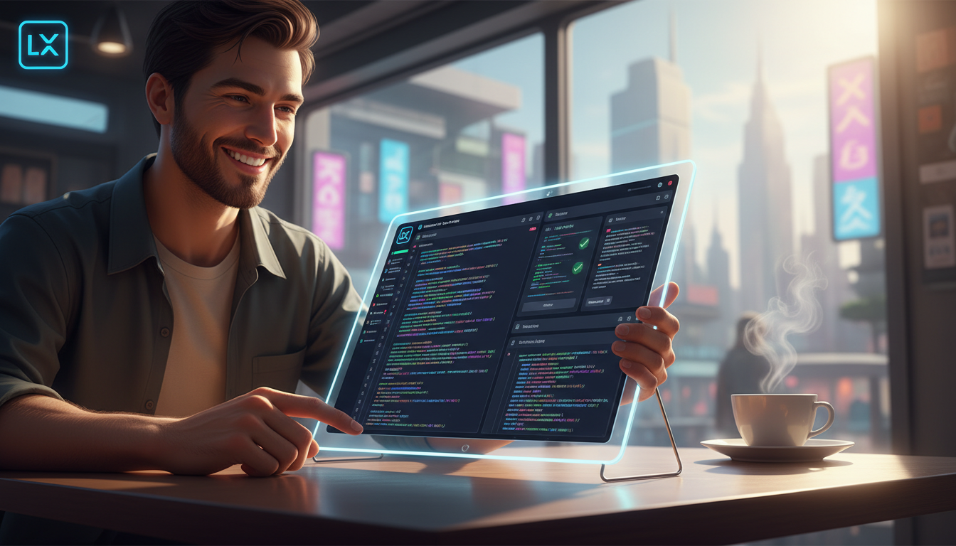 Editores de Código Online: A Revolução da IA e Automação — Um desenvolvedor sorrindo, trabalhando em um editor de código online em um tablet em uma cafeteria ensolarada. A interface do editor mostra m