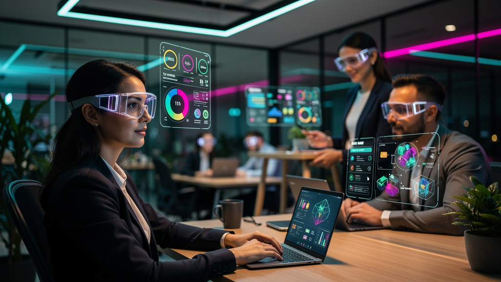 Educação Corporativa com IA: Transforme o Treinamento da sua Empresa — Um escritório moderno com vários funcionários usando óculos de realidade aumentada. As lentes mostram informações personalizadas 