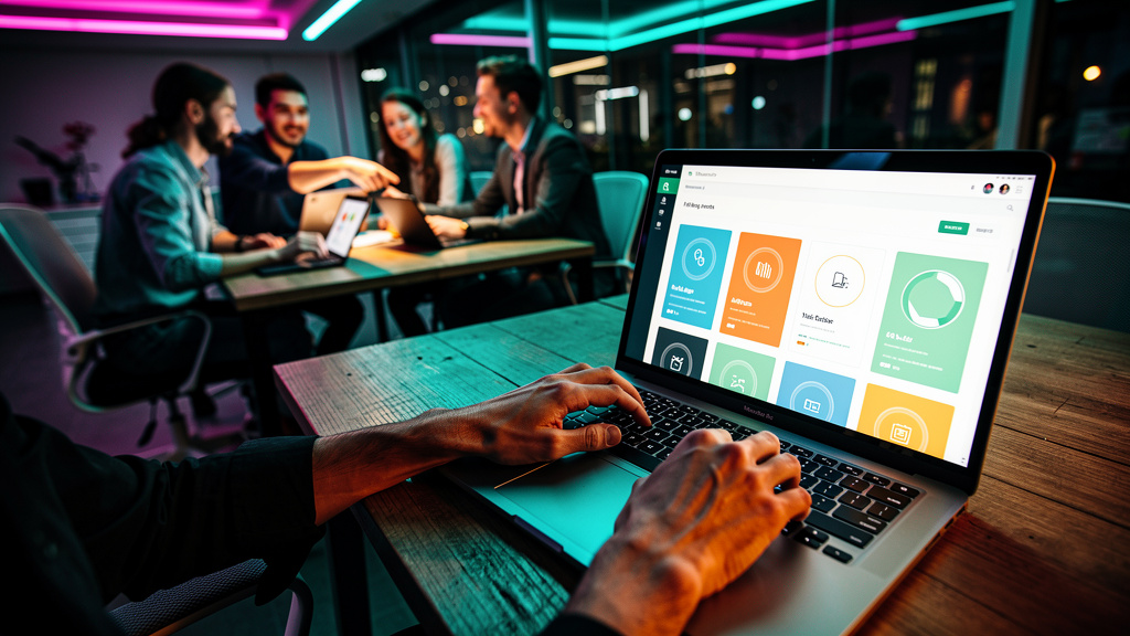Educação Corporativa: Como um LMS Moderno Impulsiona Resultados — Um close-up em perspectiva de cima das mãos de um funcionário usando um laptop em um espaço de coworking moderno, com foco na tela que