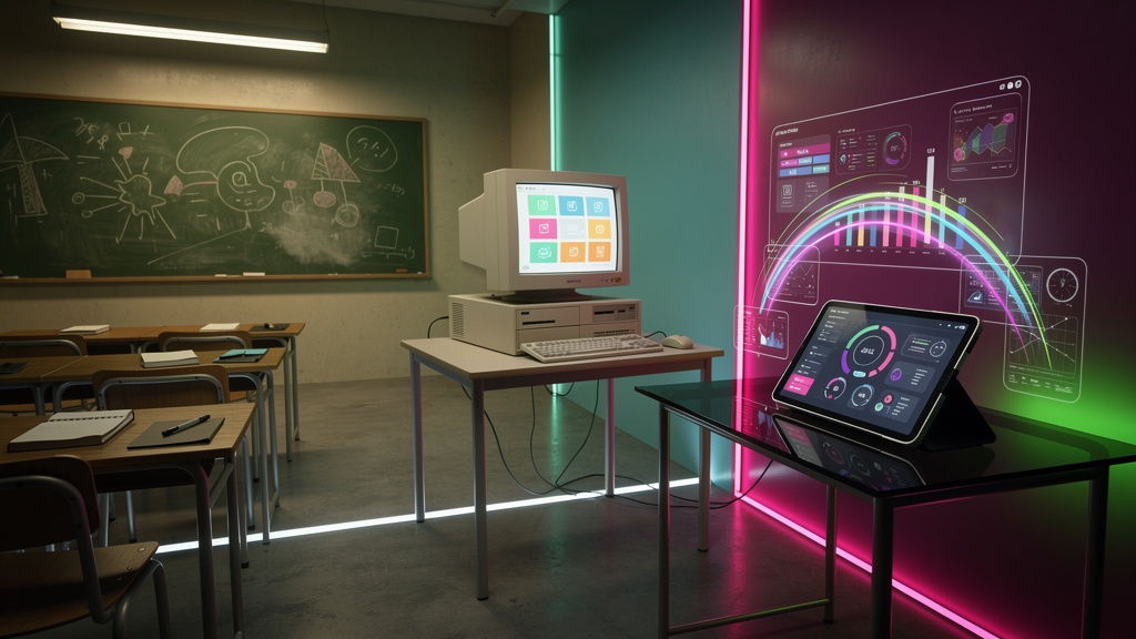 Educação Corporativa: Como um LXP Impulsiona Resultados — Uma linha do tempo visual que mostra a evolução da educação corporativa. No início, uma sala de aula tradicional com lousa e giz. No meio, um 