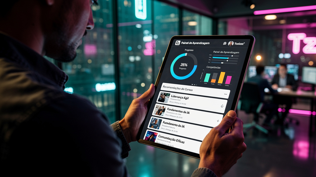 Educação Corporativa e IA: Otimizando o Treinamento Empresarial — Um painel de controle da Toolzz LXP exibido em um tablet. O painel mostra dados personalizados de aprendizado para um usuário individu