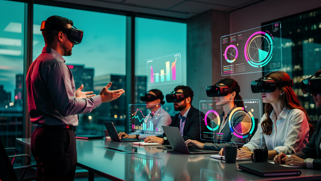 Educação Corporativa e IA: Prepare sua Empresa para o Futuro — Um instrutor facilitando um treinamento corporativo. Os membros da equipe estão usando headsets VR. A interface da VR mostra dados e anál