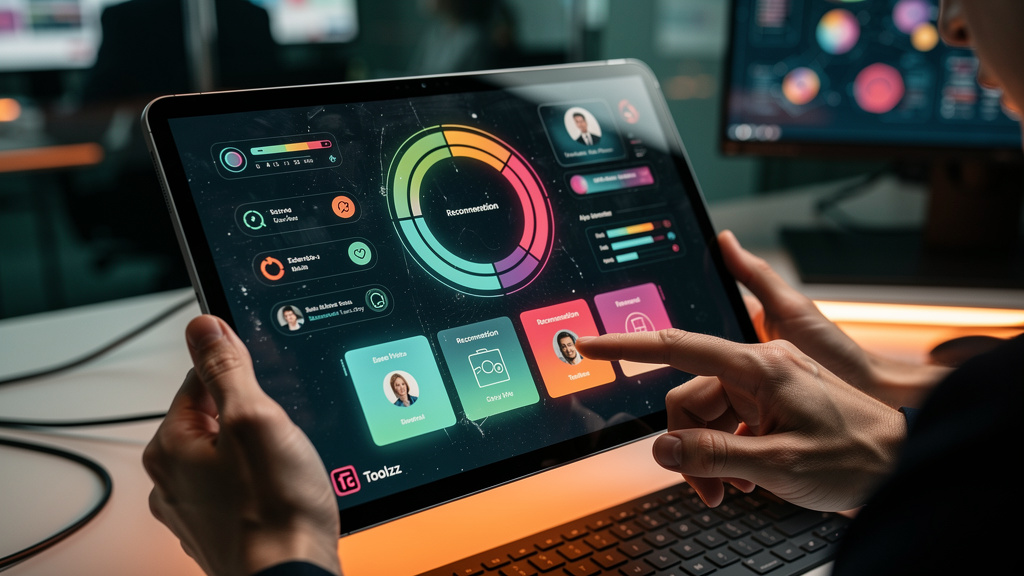 Educação Corporativa em 2026: 7 Tendências Impulsionadas pela IA — Close-up de um tablet mostrando uma interface de aprendizado personalizada com o logo da Toolzz integrado no design. A tela exibe um 