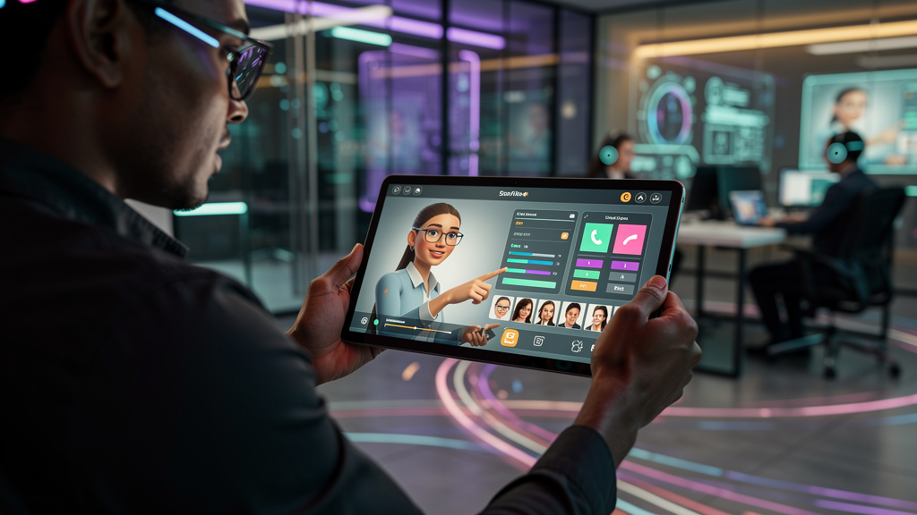 Educação Corporativa: Previsões de Especialistas para 2026 — Um instrutor virtual de IA, com uma interface amigável e personalizável, interagindo com um colaborador através de um tablet. O instrutor e