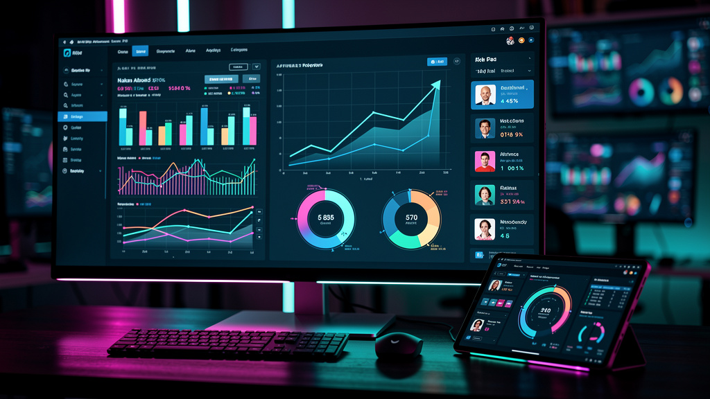 Eduzz Tecnologia: O que é e como impulsionar seus resultados — Close-up realista de um painel de controle moderno, mostrando métricas de vendas e desempenho de afiliados da Eduzz. Destaque para gráfic