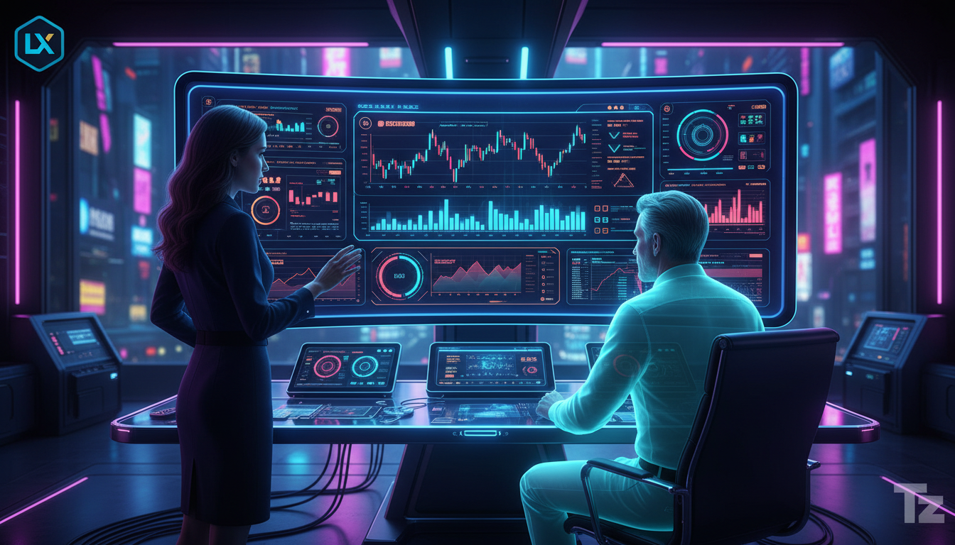 Edward Jones: IA é aliada, não substituta de consultores financeiros — Um consultor financeiro da Edward Jones usando um dashboard da Toolzz em um grande monitor curvo. O dashboard exibe gráficos e da
