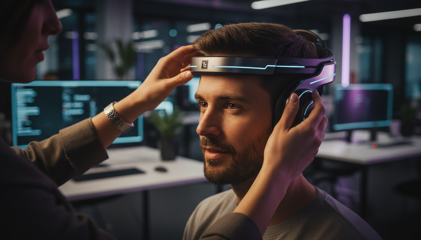 EEG Wearables: O Futuro da Saúde Cerebral no Ambiente Corporativo — Close-up de um dispositivo EEG vestível (tipo fone de ouvido) sendo delicadamente colocado na cabeça de um funcionário em um ambient