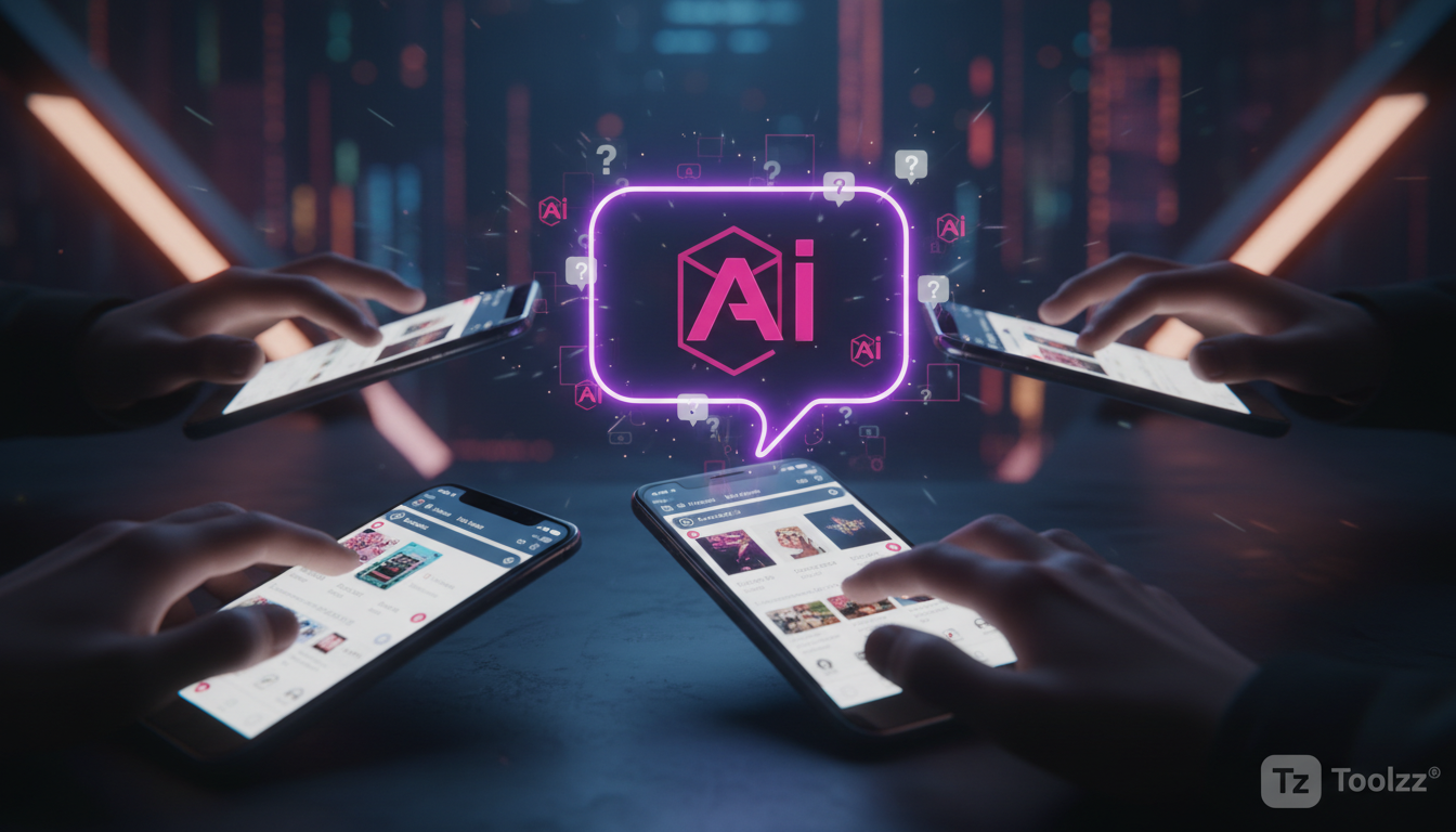 Eliminando o Retrabalho com Instagram Commerce e IA — Close-up de várias mãos digitando rapidamente em smartphones, com notificações do Instagram piscando. Um balão de diálogo estilizado mostra o logo