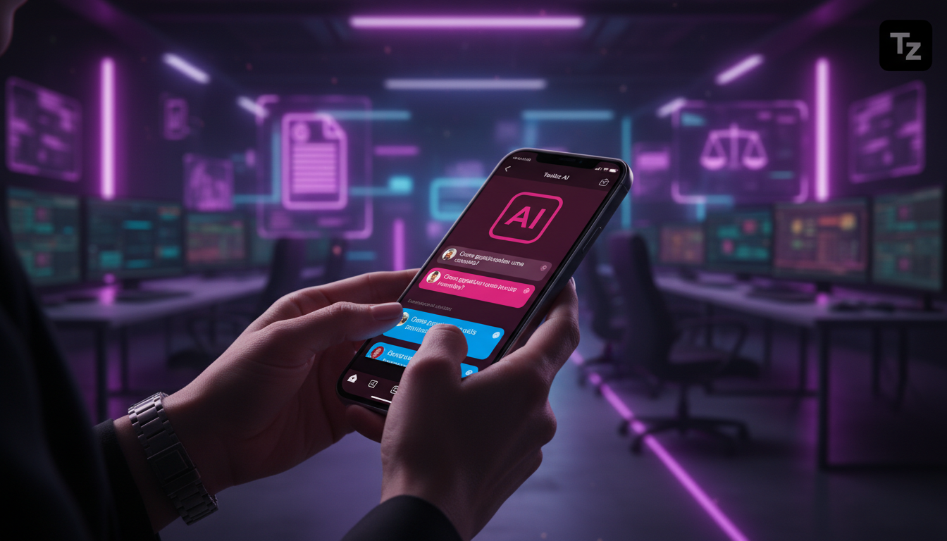 Eliminando retrabalho com automação do Instagram para advocacia — Close-up das mãos de um advogado digitando em um smartphone. A tela do telefone exibe uma conversa do Instagram sendo automaticamente 
