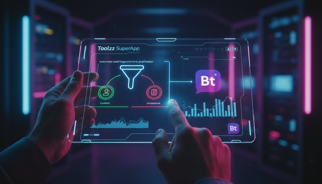 Eliminando retrabalho com Automação Instagram 2026 — Um close-up das mãos de um especialista em marketing digital, usando um tablet com a interface do SuperApp da Toolzz. O aplicativo mostra dados de 