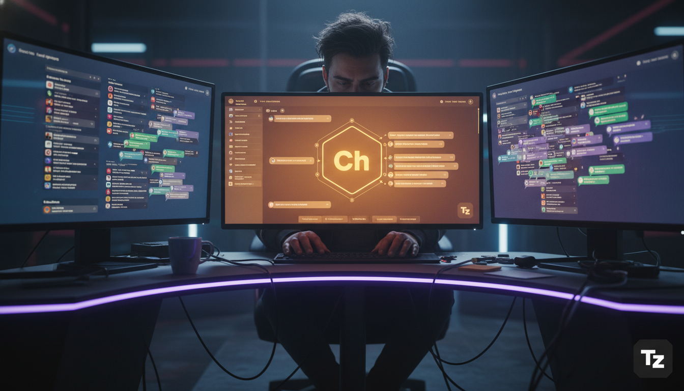 Eliminando retrabalho com automação Instagram — Um atendente de suporte ao cliente visivelmente exausto, cercado por várias telas mostrando feeds de diferentes canais de comunicação (Instagram, WhatsA