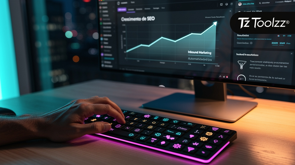 Eliminando retrabalho com Inbound Marketing Automatizado — Close-up de uma mão humana digitando em um teclado moderno. Em vez de letras aleatórias, as teclas exibem pequenos ícones de IA e engrenagens