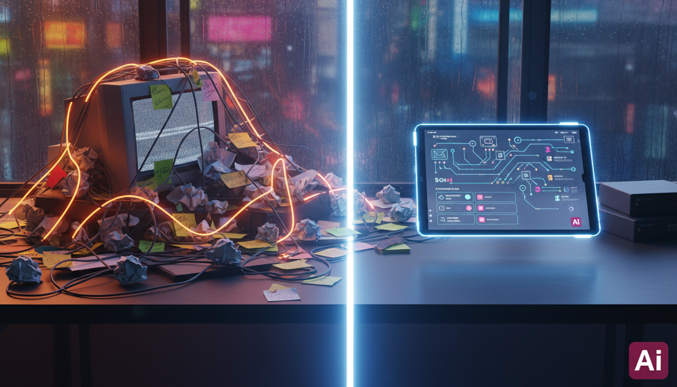 Emails do Futuro: Como a IA Revoluciona a Gestão de Informações — Visão aérea de uma mesa de escritório caótica, coberta de pilhas de papel, post-its coloridos e cabos emaranhados. Em contraste, ao la