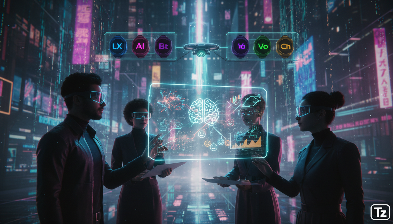 Engenharia de Vibe: Como a IA Molda o Engajamento Humano — Create a high-end editorial illustration in a modern flat + gradient vector style. STYLE: Clean, geometric, semi-abstract human figures with