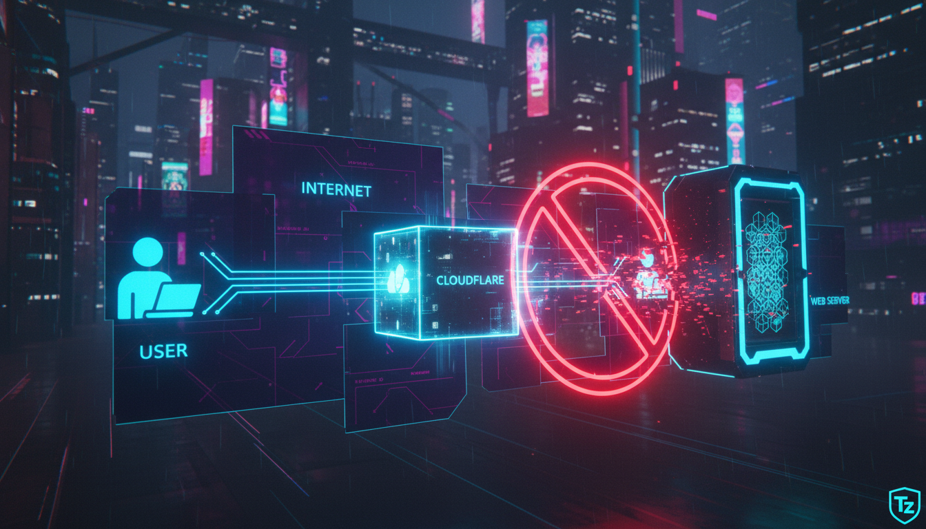 Erro 1005 Cloudflare: Como Proteger sua Empresa e Evitar Bloqueios — Um diagrama visual que representa o fluxo de dados entre um usuário, a internet, o Cloudflare e um servidor web. O fluxo está inter