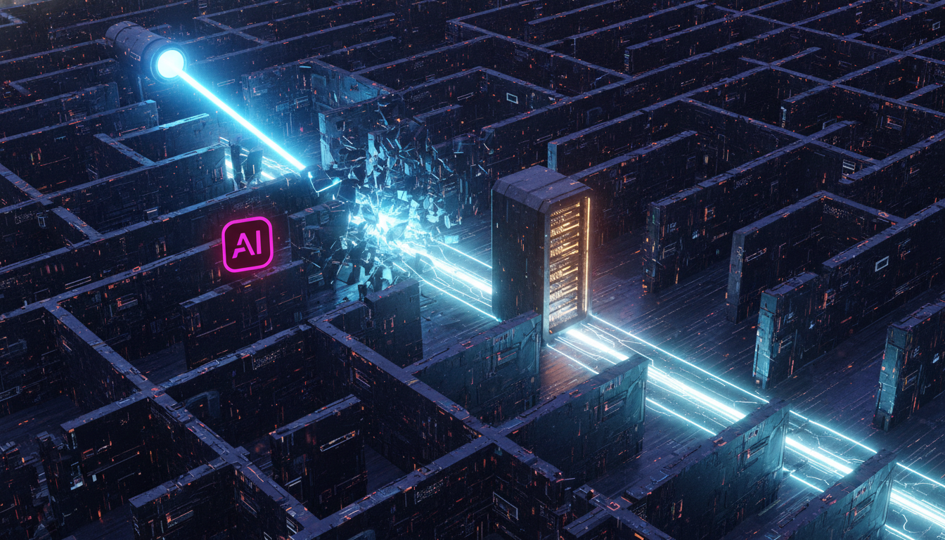 Erro 1005 Cloudflare: Como Proteger sua Empresa e Garantir Acesso — Ilustração de um labirinto complexo, com um raio de luz rompendo as paredes e iluminando um caminho claro que leva a um servidor seg